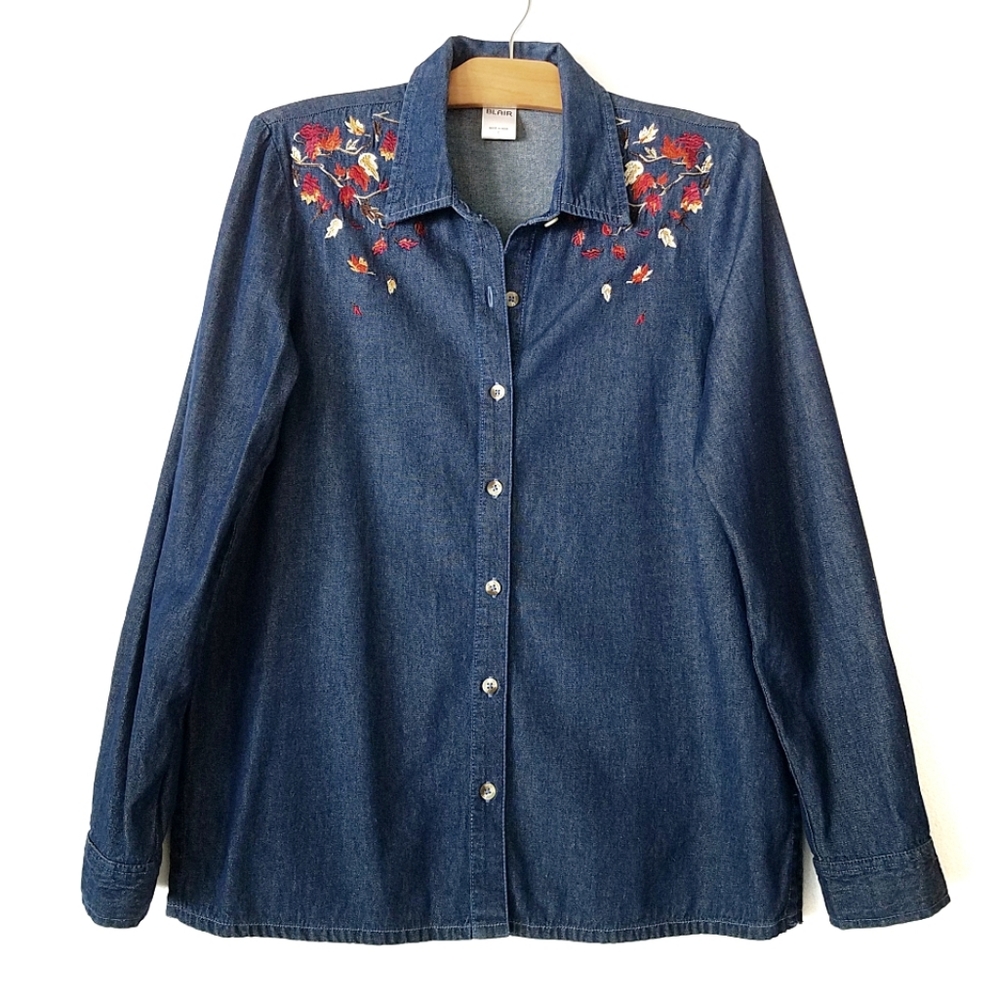 Blair fall leaves embroidery denim buttonup shirt blue